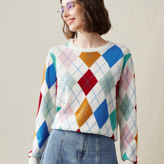 COMOBOCA White 100% Cashmere Women's Argyle Pattern Colorful Knit Sweater