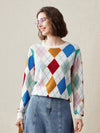 COMOBOCA White 100% Cashmere Women's Argyle Pattern Colorful Knit Sweater