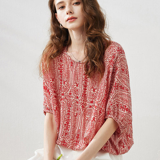 COMOBOCA Red 100% Mulberry Silk Women's Floral Printed Puff Sleeve Blouse