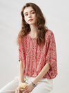 COMOBOCA Red 100% Mulberry Silk Women's Floral Printed Puff Sleeve Blouse