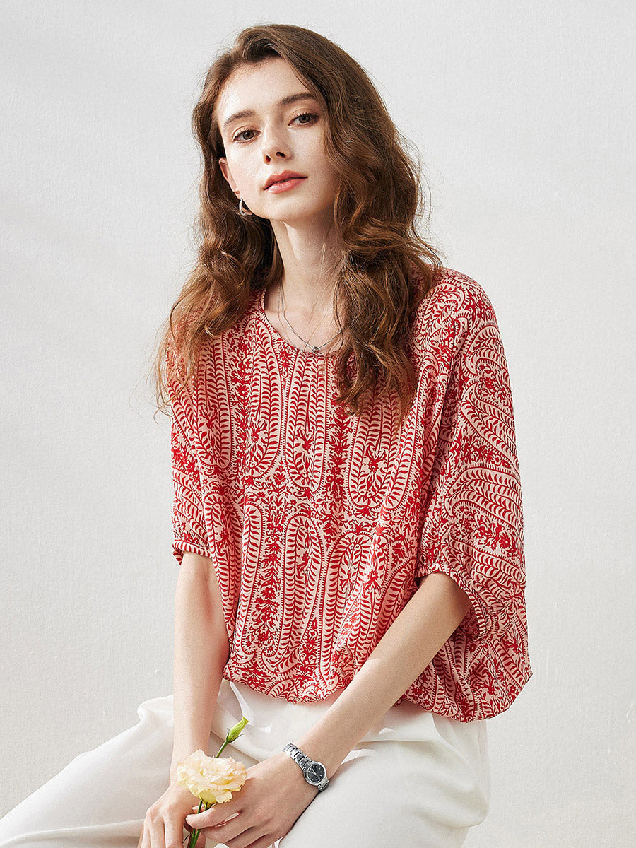 COMOBOCA Red 100% Mulberry Silk Women's Floral Printed Puff Sleeve Blouse