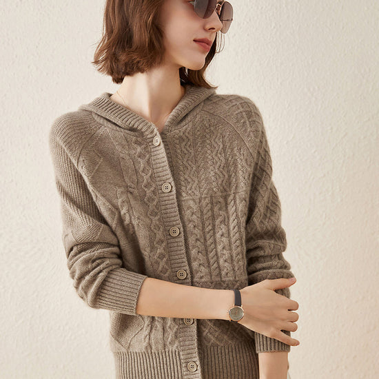 COMOBOCA Camel 100% Cashmere Luxurious Cable Knit Hooded Cardigan