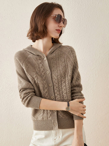 COMOBOCA Camel 100% Cashmere Luxurious Cable Knit Hooded Cardigan