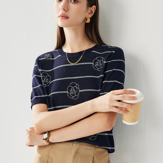 COMOBOCA Women's Striped Floral Knit T-Shirt