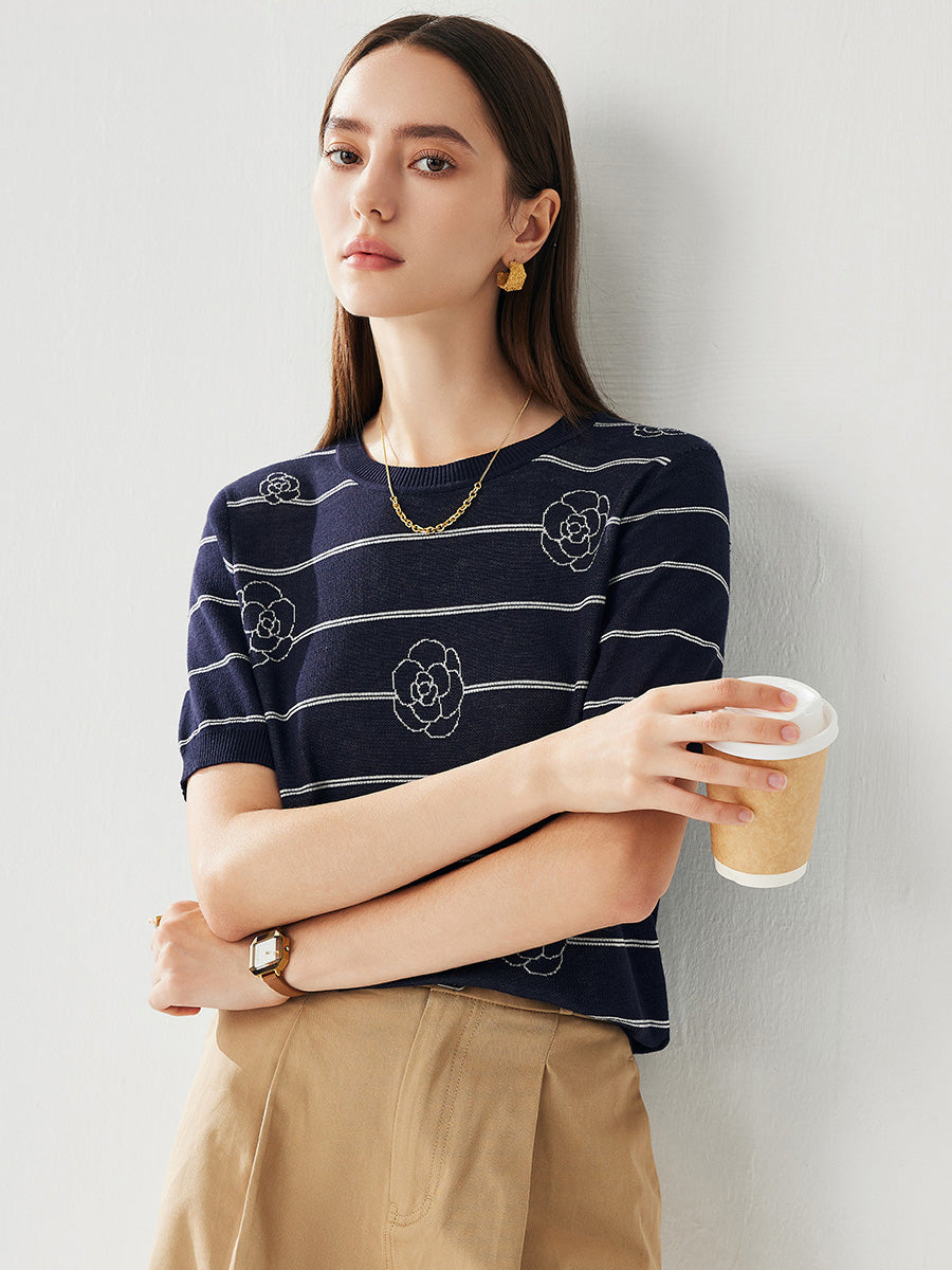 COMOBOCA Women's Striped Floral Knit T-Shirt