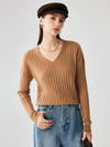 COMOBOCA Coffee Camel 100% Cashmere Women's Cozy Ribbed V-Neck Sweater