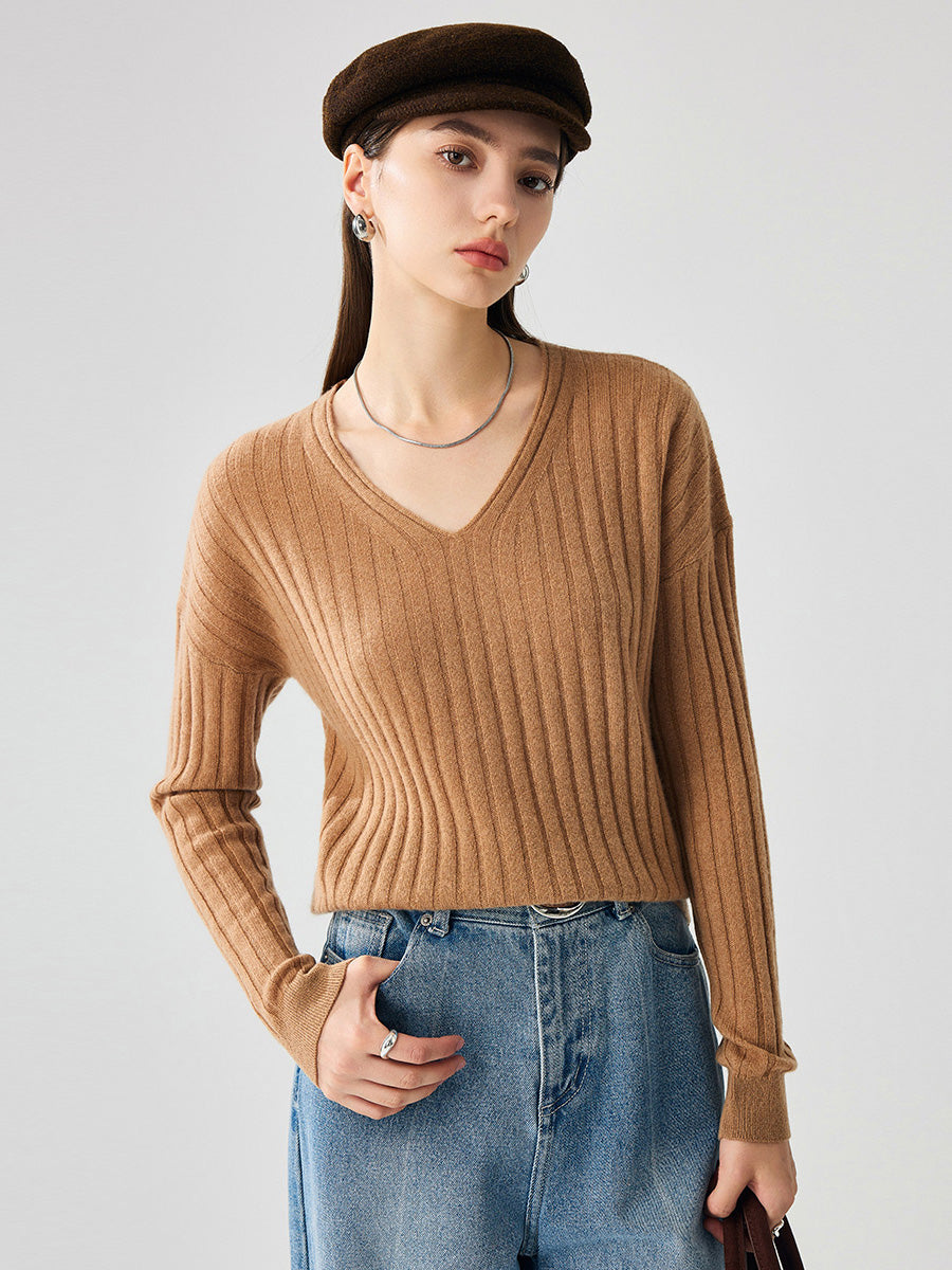 COMOBOCA Coffee Camel 100% Cashmere Women's Cozy Ribbed V-Neck Sweater