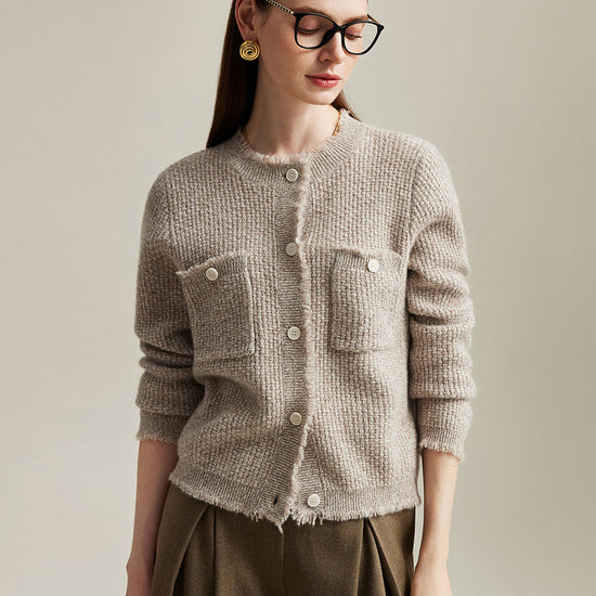 COMOBOCA Apricot 100% Cashmere Women's Knit Cardigan with Front Pockets