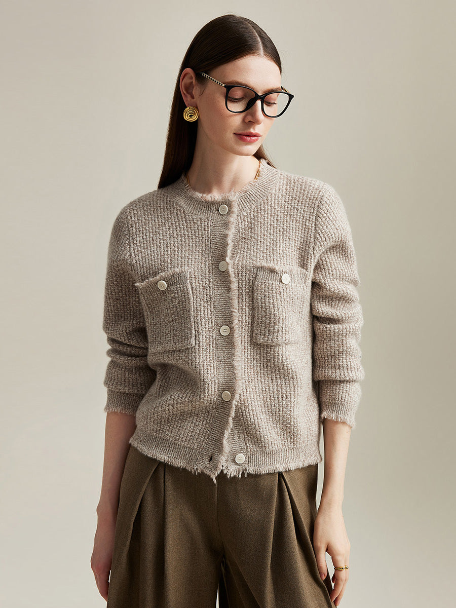 COMOBOCA Apricot 100% Cashmere Women's Knit Cardigan with Front Pockets