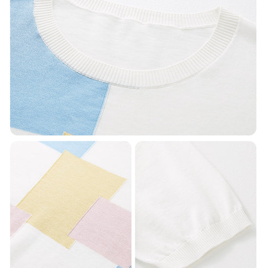 COMOBOCA Women's Geometric Color Block Fine Knit T-Shirt