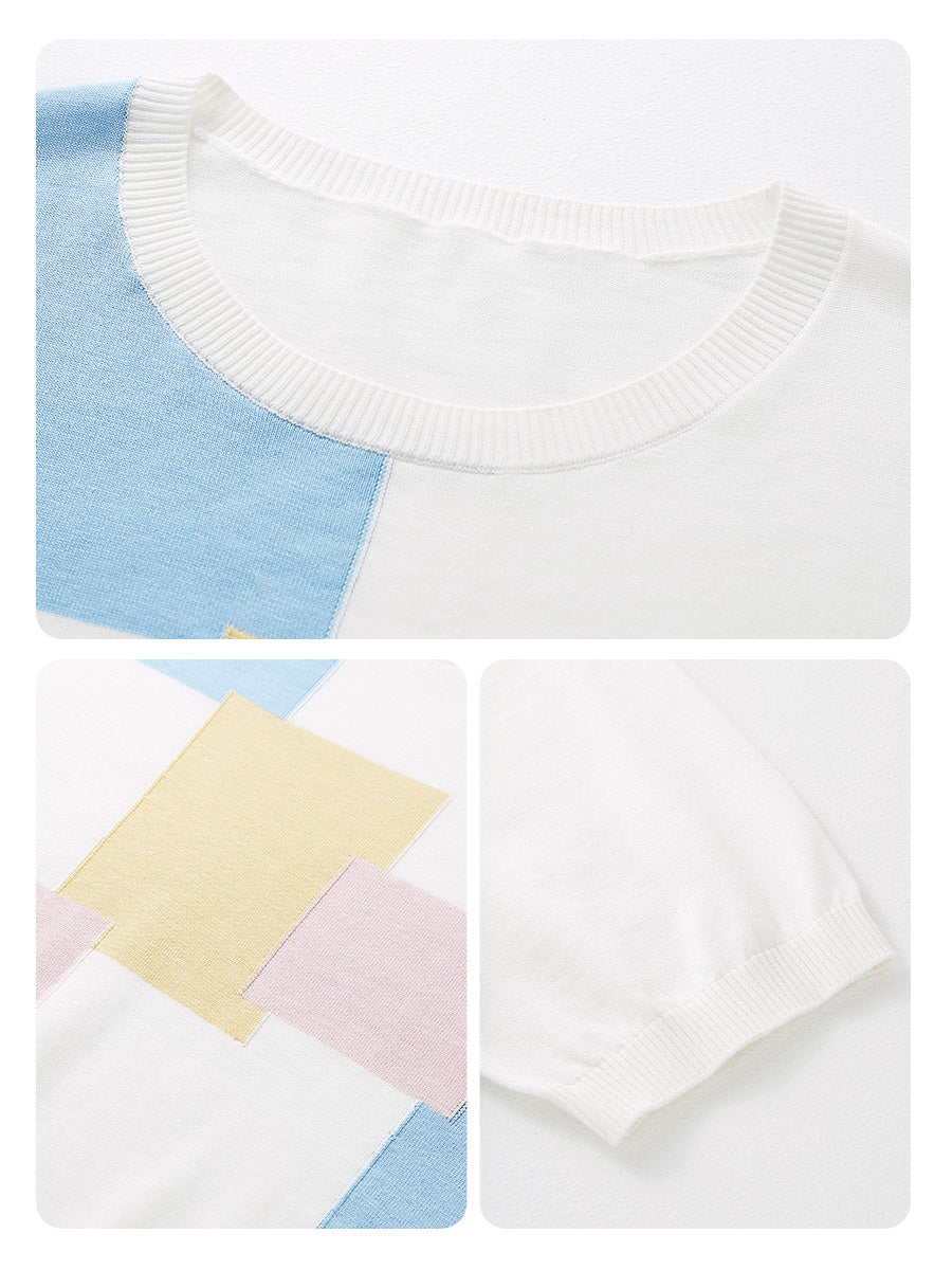 COMOBOCA Women's Geometric Color Block Fine Knit T-Shirt