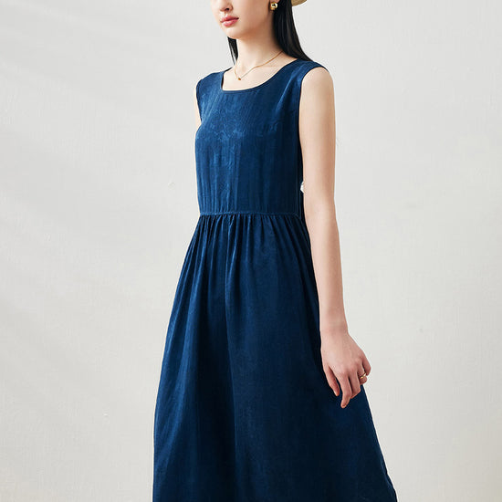 COMOBOCA Blue 100% Mulberry Silk Women's Sleeveless Midi Dress