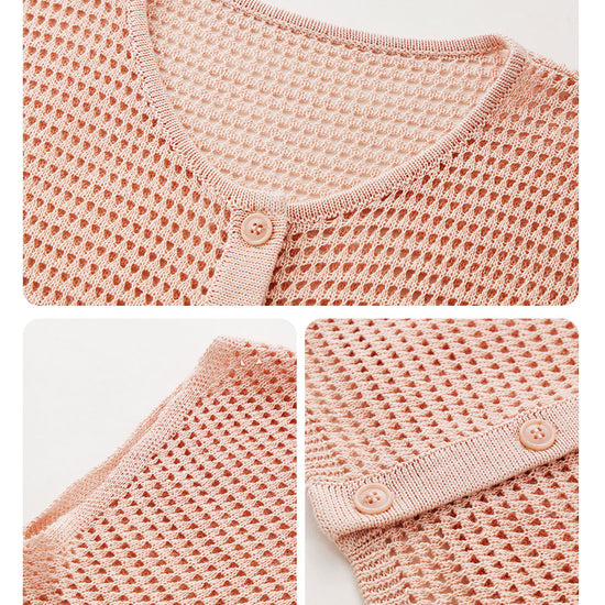 COMOBOCA Women's Openwork Mesh Knit Button Front Top