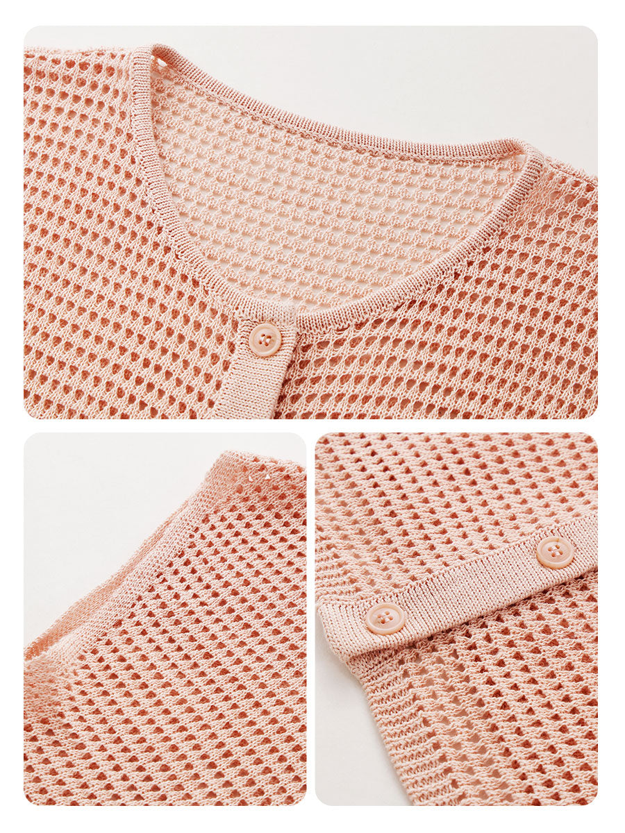 COMOBOCA Women's Openwork Mesh Knit Button Front Top