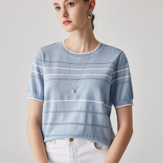 COMOBOCA Light Blue Women's Relaxed Fit Striped Knit T-Shirt