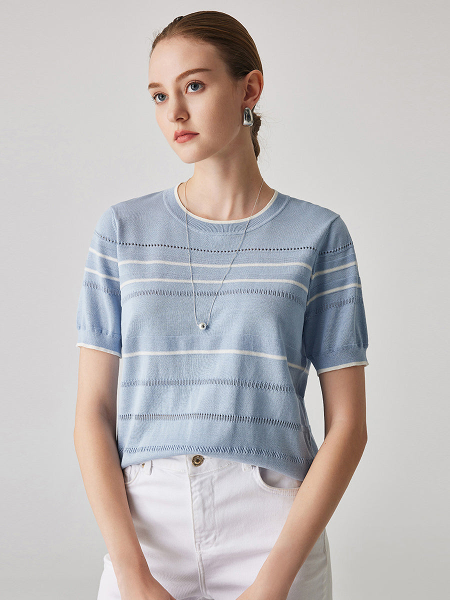 COMOBOCA Light Blue Women's Relaxed Fit Striped Knit T-Shirt