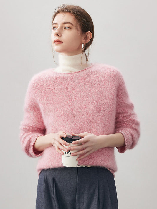 COMOBOCA Pink 100% Wool Women's Fuzzy Round Neck Sweater