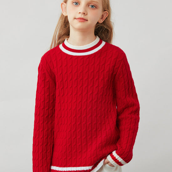 COMOBOCA Red 100% Wool Kids' Cable Knit Round Neck Sweater