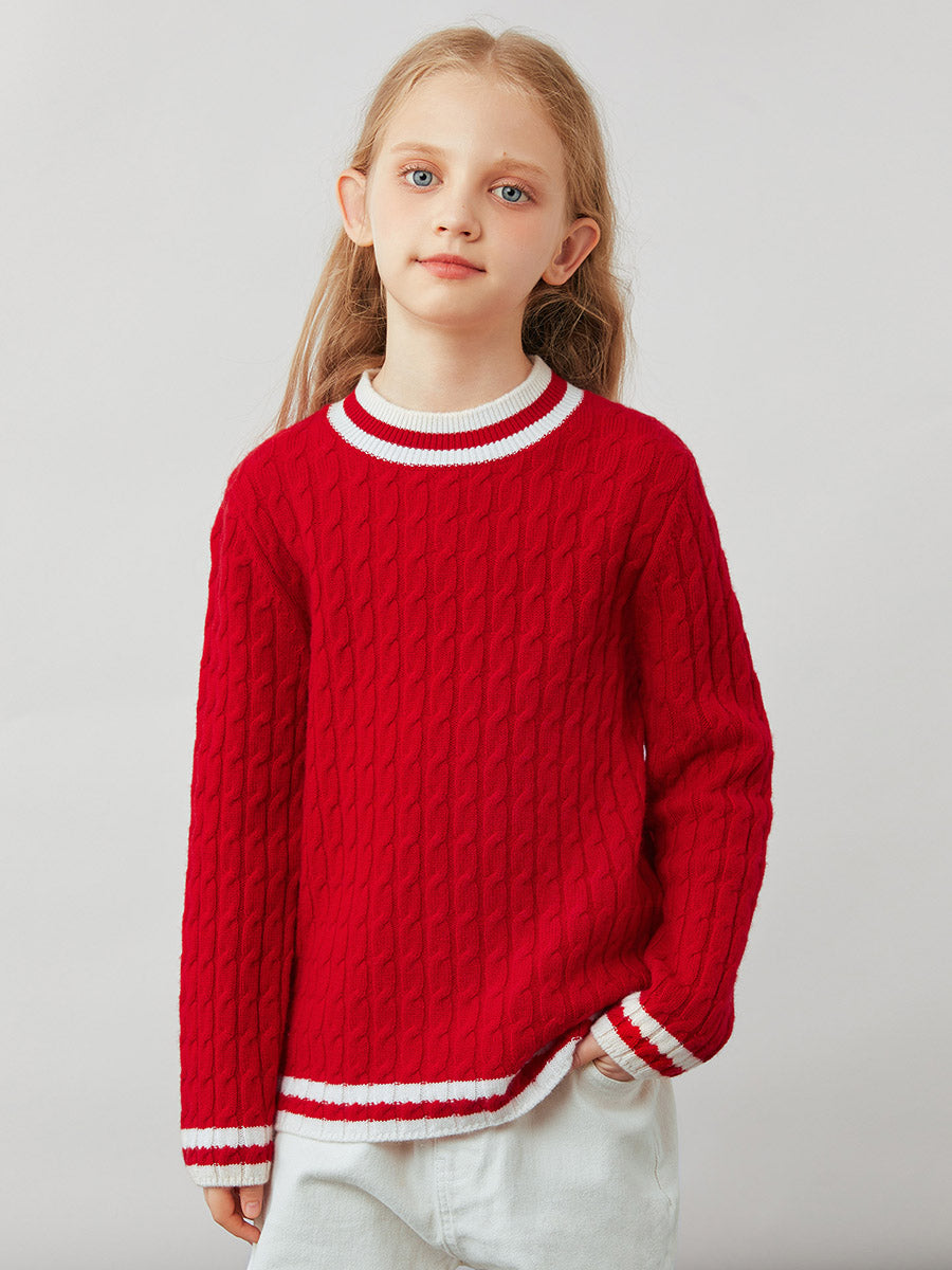 COMOBOCA Red 100% Wool Kids' Cable Knit Round Neck Sweater