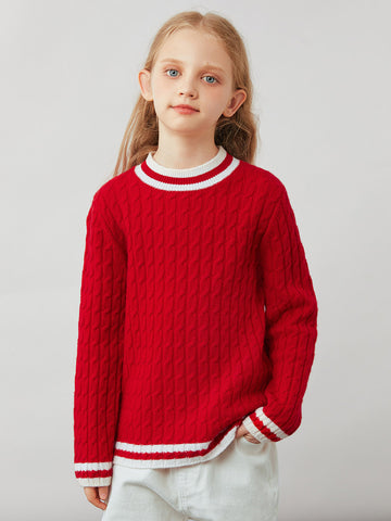 COMOBOCA Red 100% Wool Kids' Cable Knit Round Neck Sweater