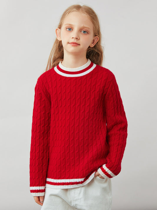 COMOBOCA Red 100% Wool Kids' Cable Knit Round Neck Sweater