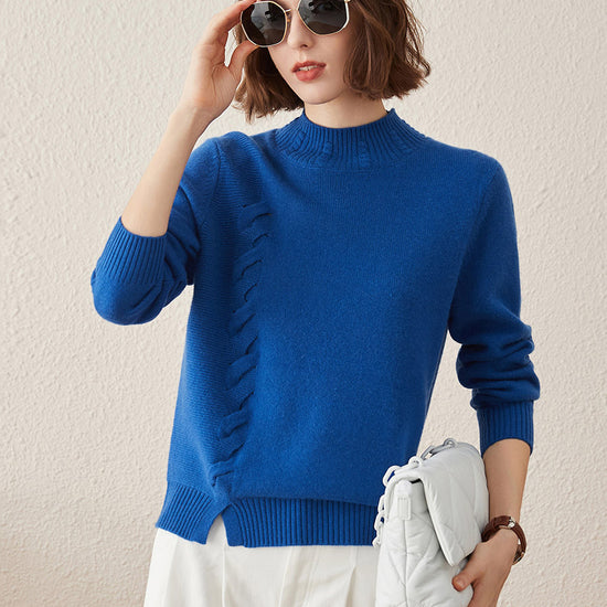 COMOBOCA Blue 100% Cashmere Women's Ribbed Cable Knit Sweater