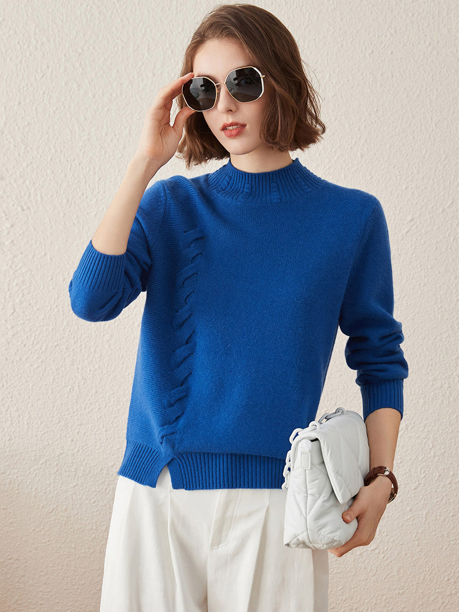 COMOBOCA Blue 100% Cashmere Women's Ribbed Cable Knit Sweater