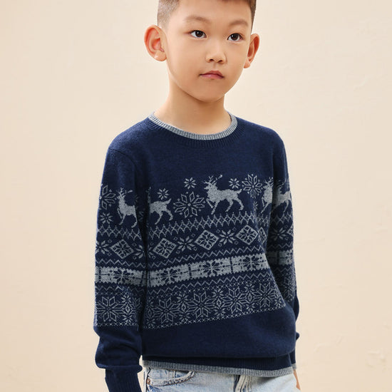 COMOBOCA 100% Wool Kids' Nordic Reindeer Pattern Knit Sweater
