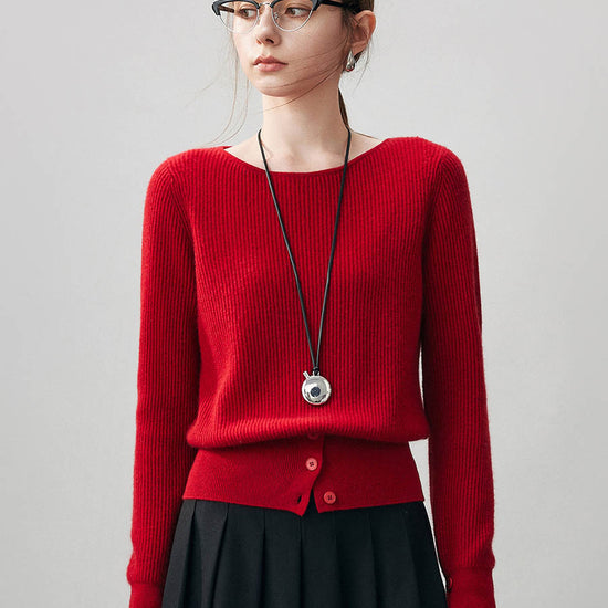 COMOBOCA Red 100% Cashmere Women's Round Neck Button Ribbed Knit Sweater