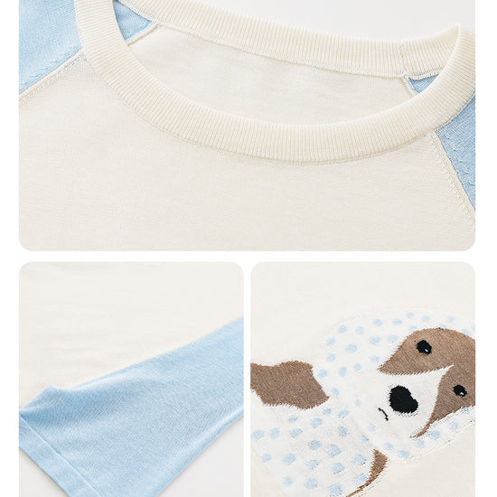 COMOBOCA Women's Puppy Intarsia Raglan Sleeve Knit T-Shirt