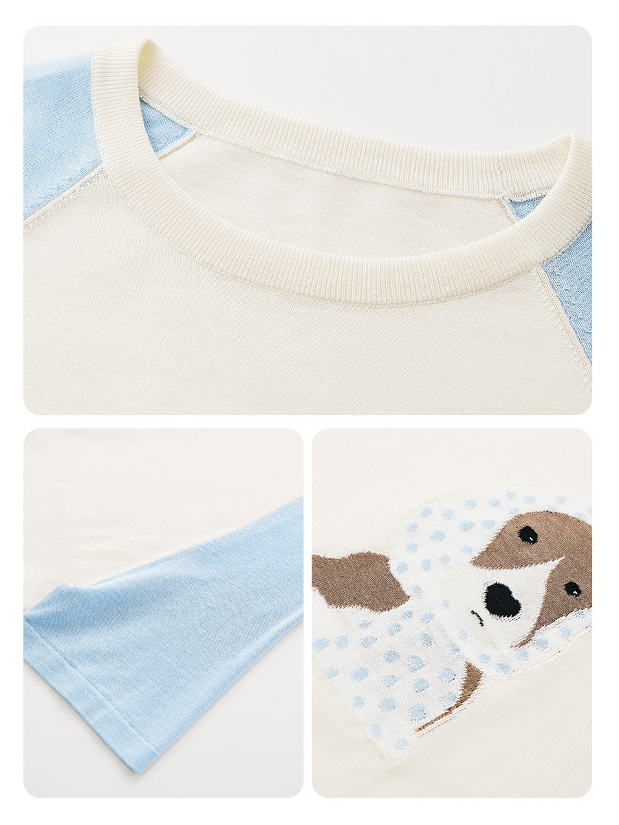 COMOBOCA Women's Puppy Intarsia Raglan Sleeve Knit T-Shirt