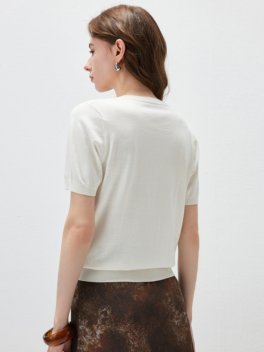 COMOBOCA Women's Rhinestone Trim Knit T-Shirt