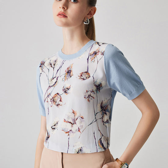COMOBOCA Women's Cotton Silk Floral Ribbed Print Knit T-Shirt