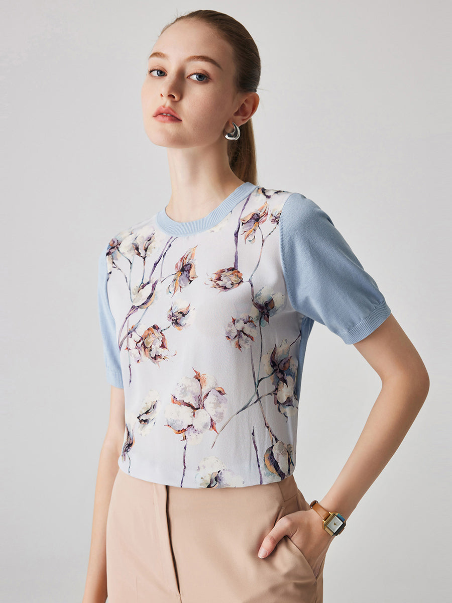 COMOBOCA Women's Cotton Silk Floral Ribbed Print Knit T-Shirt