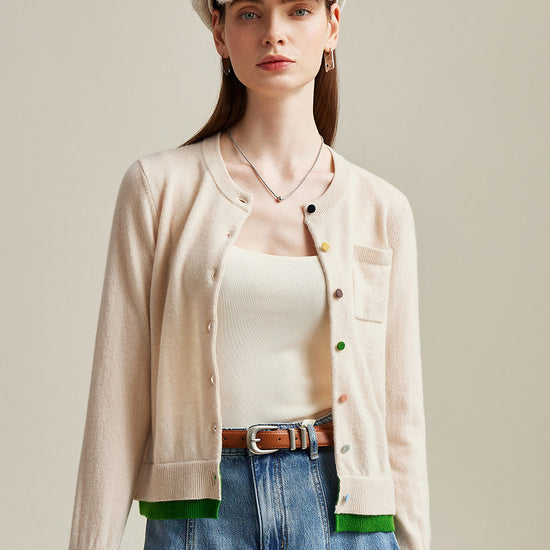 COMOBOCA Camel 100% Cashmere Women's Contrast-Trim Pocket Cardigan