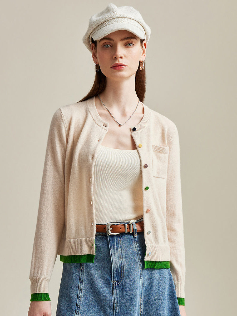 COMOBOCA Camel 100% Cashmere Women's Contrast-Trim Pocket Cardigan