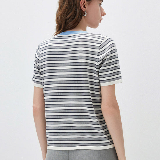 COMOBOCA Women's Embroidery Striped Knit Top