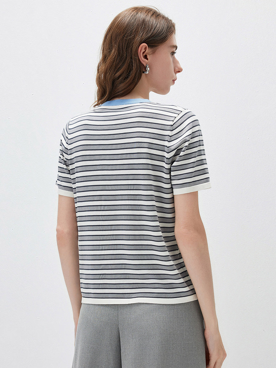 COMOBOCA Women's Embroidery Striped Knit Top