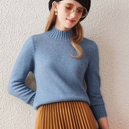 COMOBOCA Blue 100% Cashmere Women's Mock Neck Knit Sweater