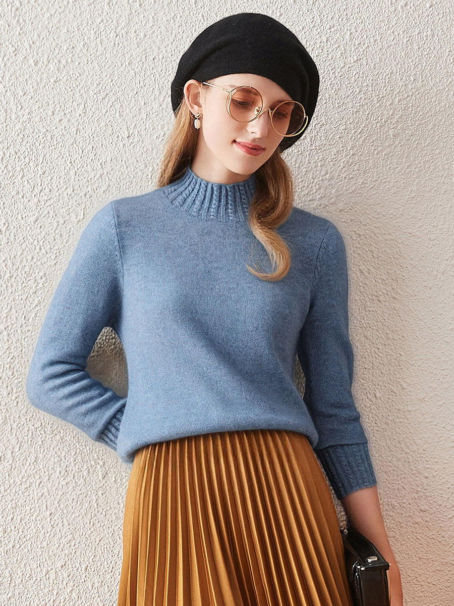 COMOBOCA Blue 100% Cashmere Women's Mock Neck Knit Sweater