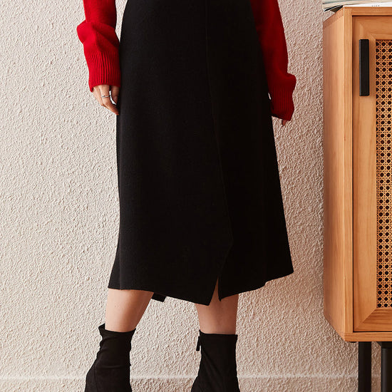 COMOBOCA Black 100% Cashmere Women's Split Knit Pencil Skirt