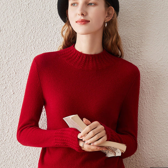 COMOBOCA RED 100% Cashmere Women's Mock Neck Knit Sweater