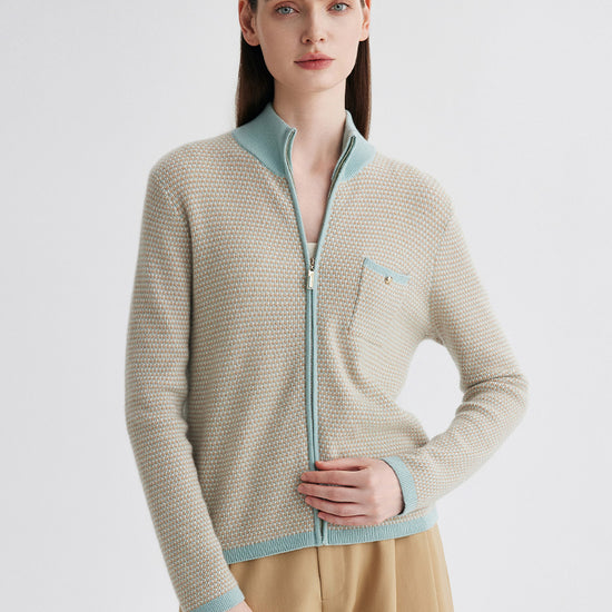COMOBOCA 100% Cashmere Women's Textured Knit Zip Up Cardigan