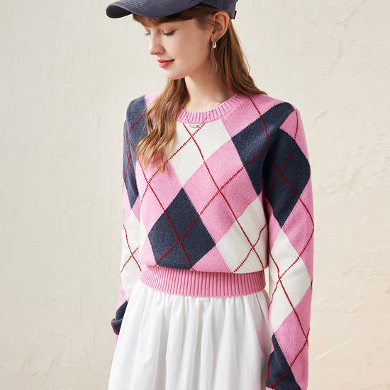 COMOBOCA 100% Wool Women's Argyle Pattern Knit Sweater