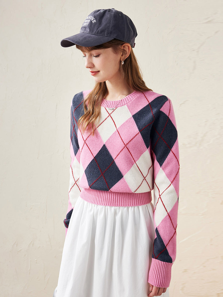 COMOBOCA 100% Wool Women's Argyle Pattern Knit Sweater