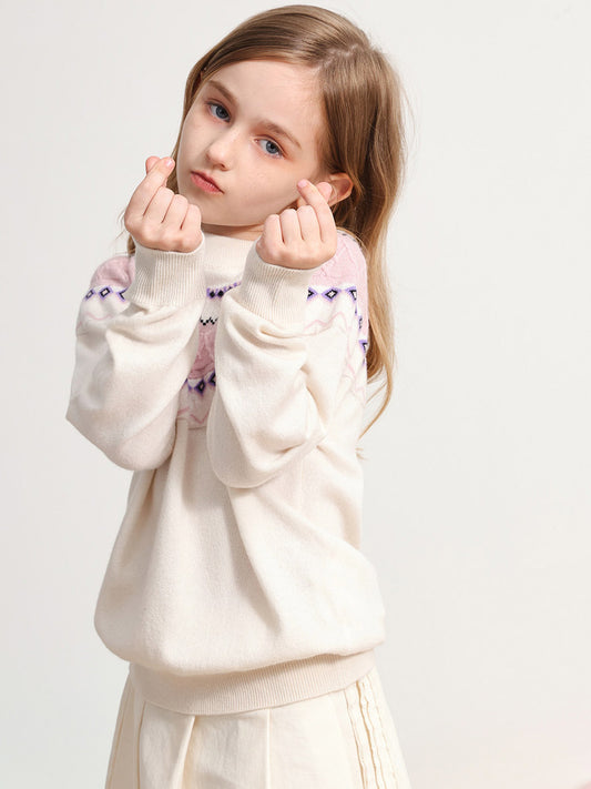 COMOBOCA 100% Wool Kids' Jacquard Round Neck Sweater