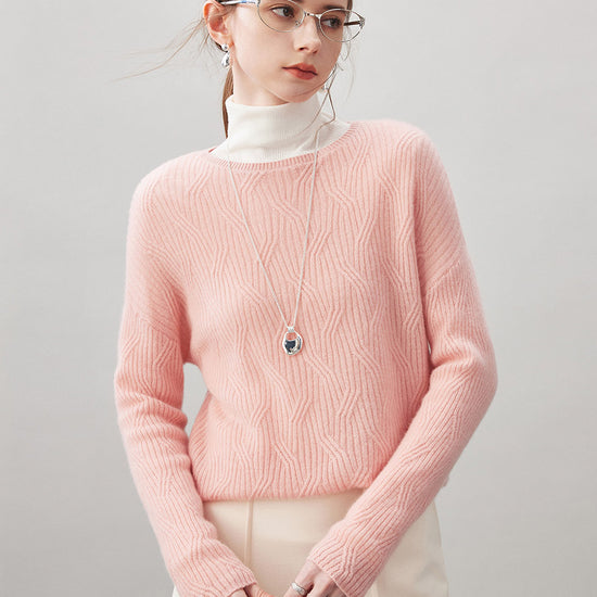 COMOBOCA Light Pink 100% Cashmere Women's Geometric Wave Knit Sweater