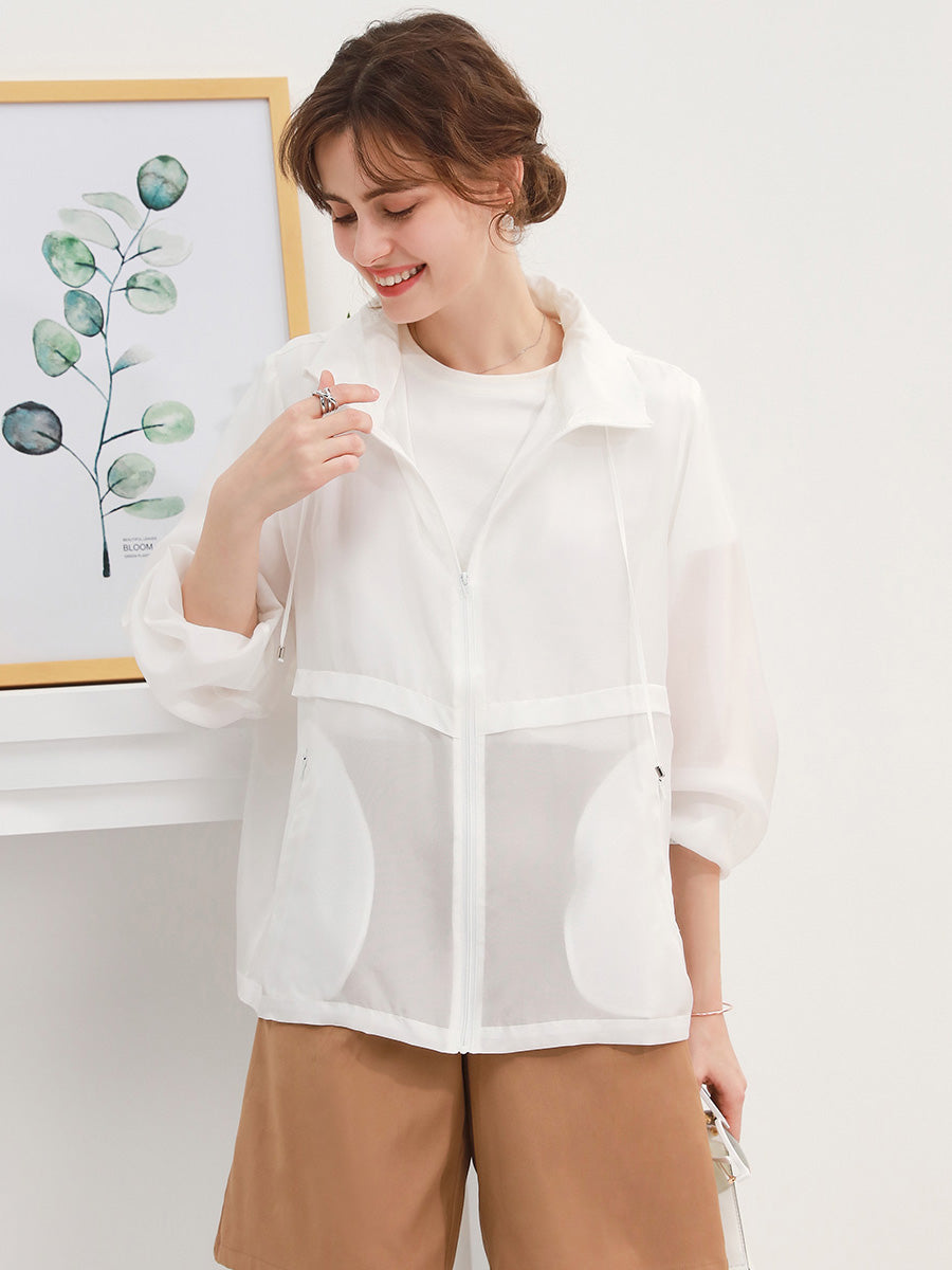 COMOBOCA One size White 100% Mulberry Silk Women's Zip Up Hooded Jacket