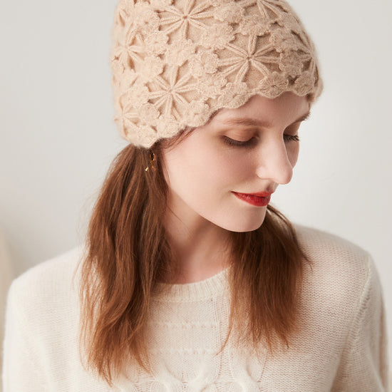 COMOBOCA 100% Cashmere Women's Floral Crochet Knit Beanie