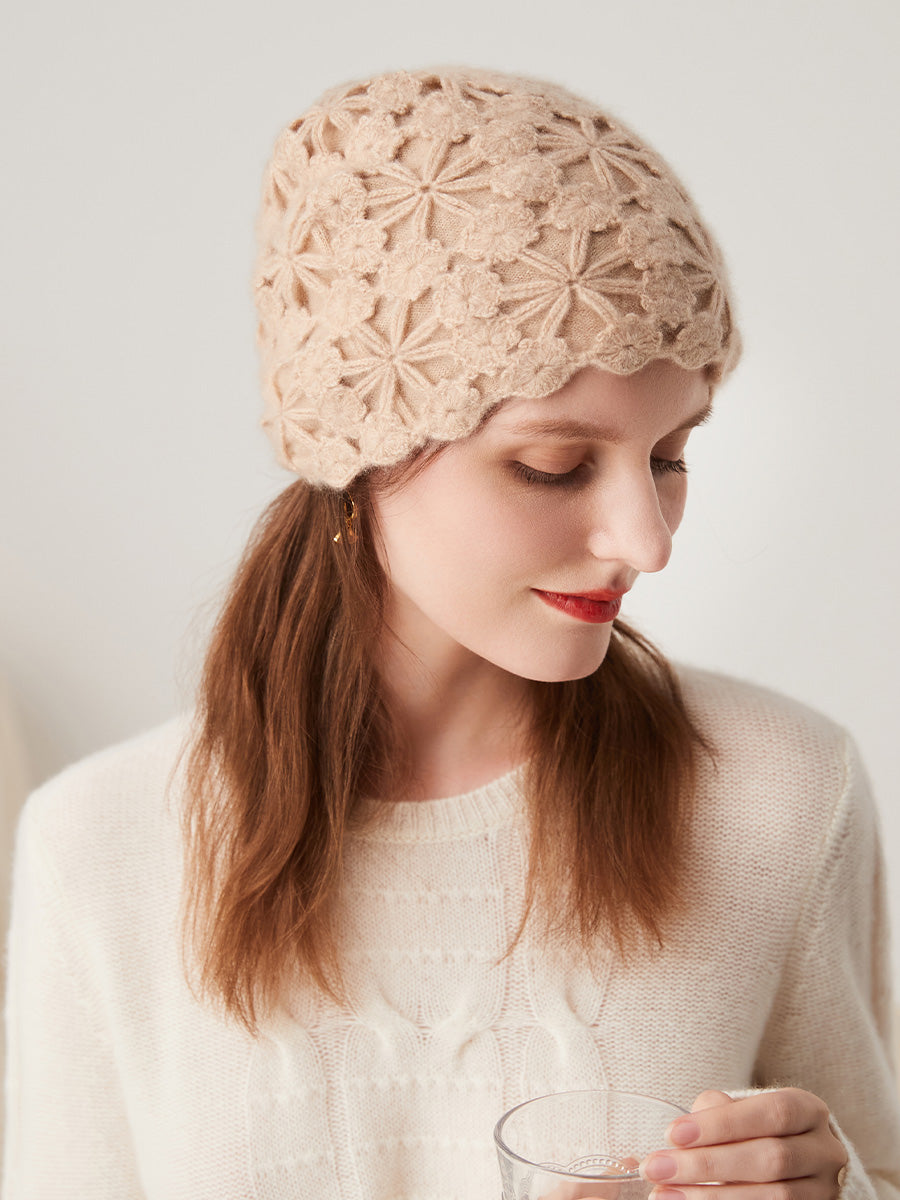 COMOBOCA 100% Cashmere Women's Floral Crochet Knit Beanie